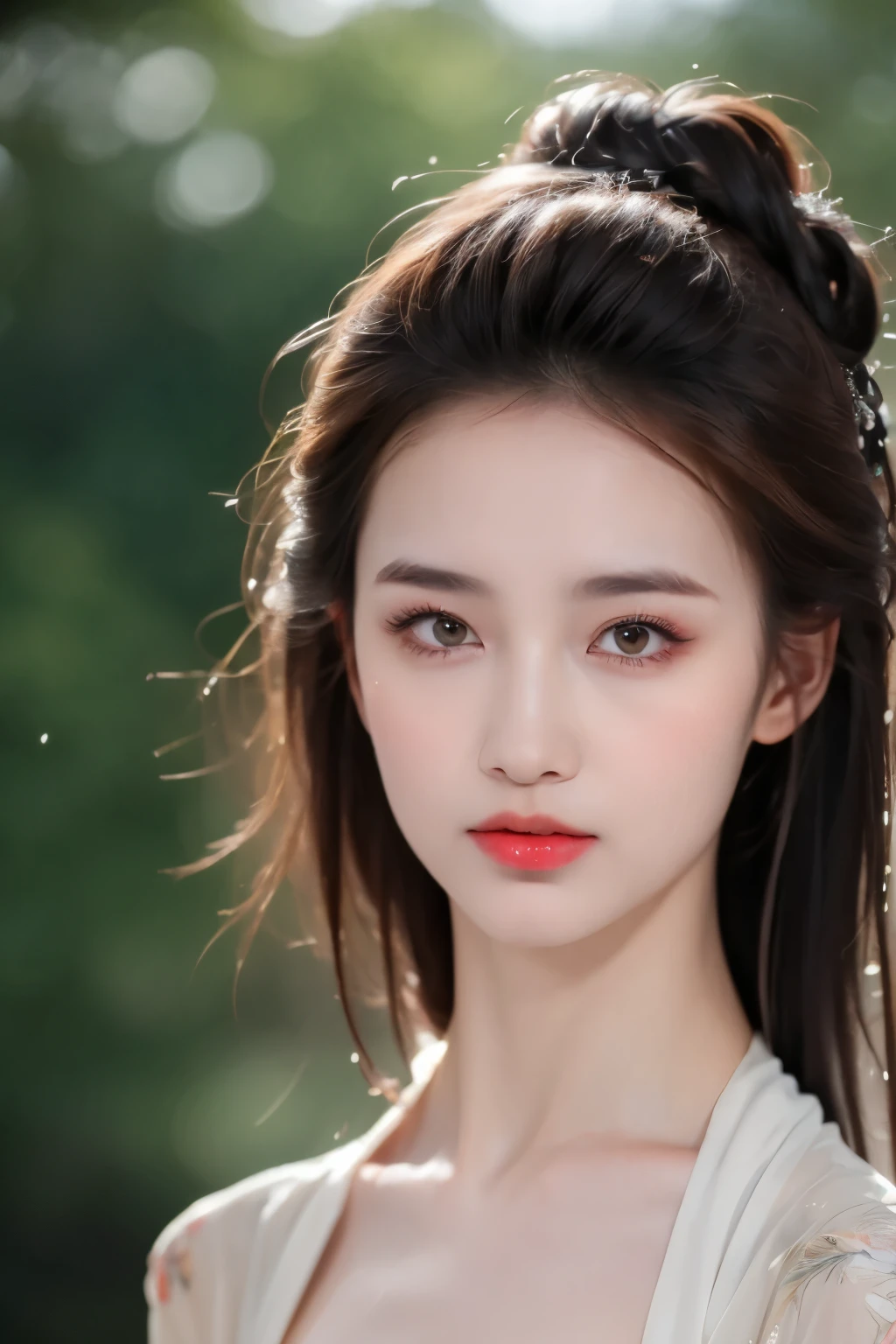 ((best quality, 8K, masterpiece: 1.3)), Key Points: 1.2, perfect body beautiful: 1.4, Hips: 1.2, ((Layered Hairstyle)), (Wet clothes: 1.1), (rain, street:1.3), (breast: 1.2), (hanfu: 1.2), Bare shoulders, Bare legs, Highly detailed face and skin textures, Fine Eyes, Double eyelids, Whitening of the skin, Long hair, (shut up: 1.5), (Bokeh background: 1.5), Big breast