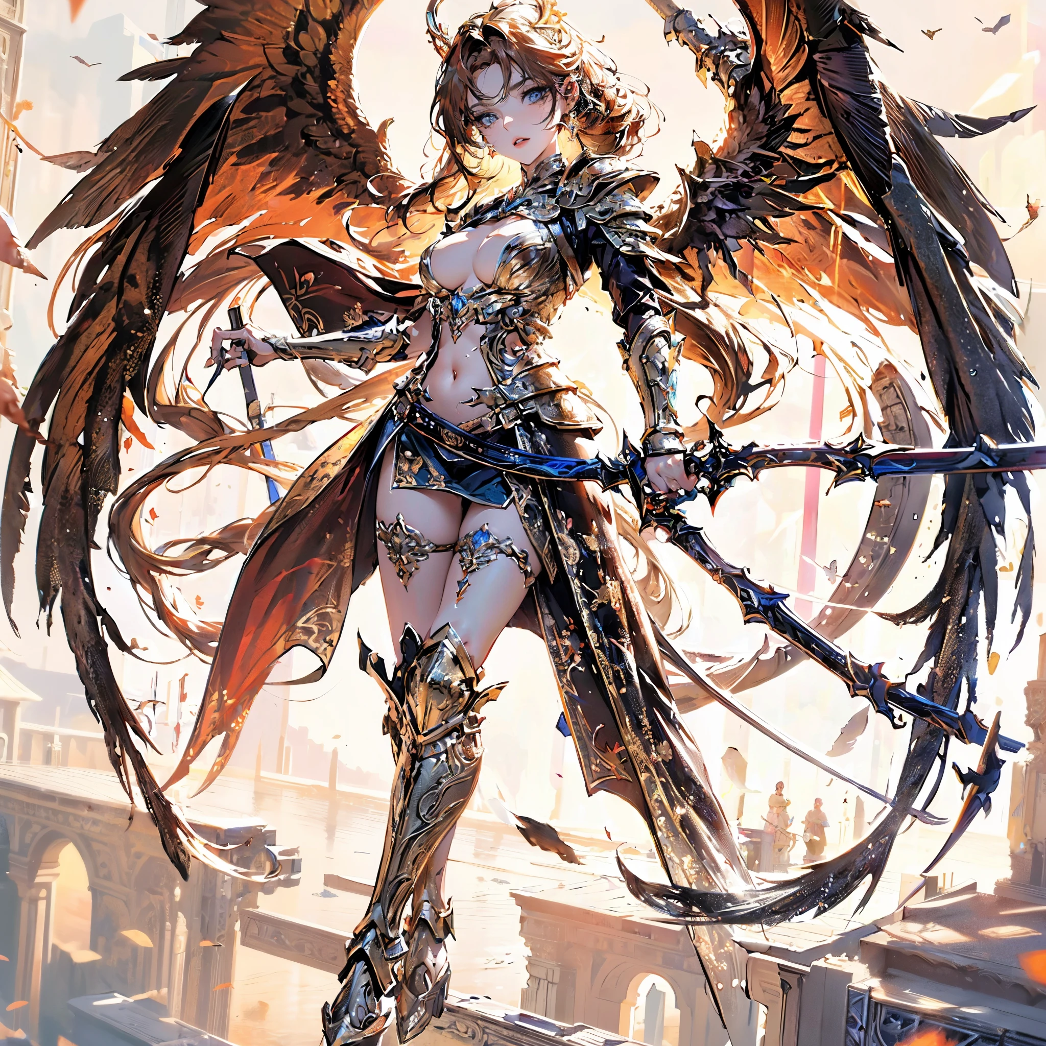 (best quality,4k,8k,highres,masterpiece:1.2),ultra-detailed, gorgeous woman,cute woman,(beautiful,extremely detailed:1.1) eyes,(beautiful,extremely detailed:1.1) lips,simple armor,angelic neon wings,shining halo,vibrant colors,soft light,portrait,sharp focus,smooth skin,long flowing hair,dainty features,confident pose,heavenly background,fantasy setting