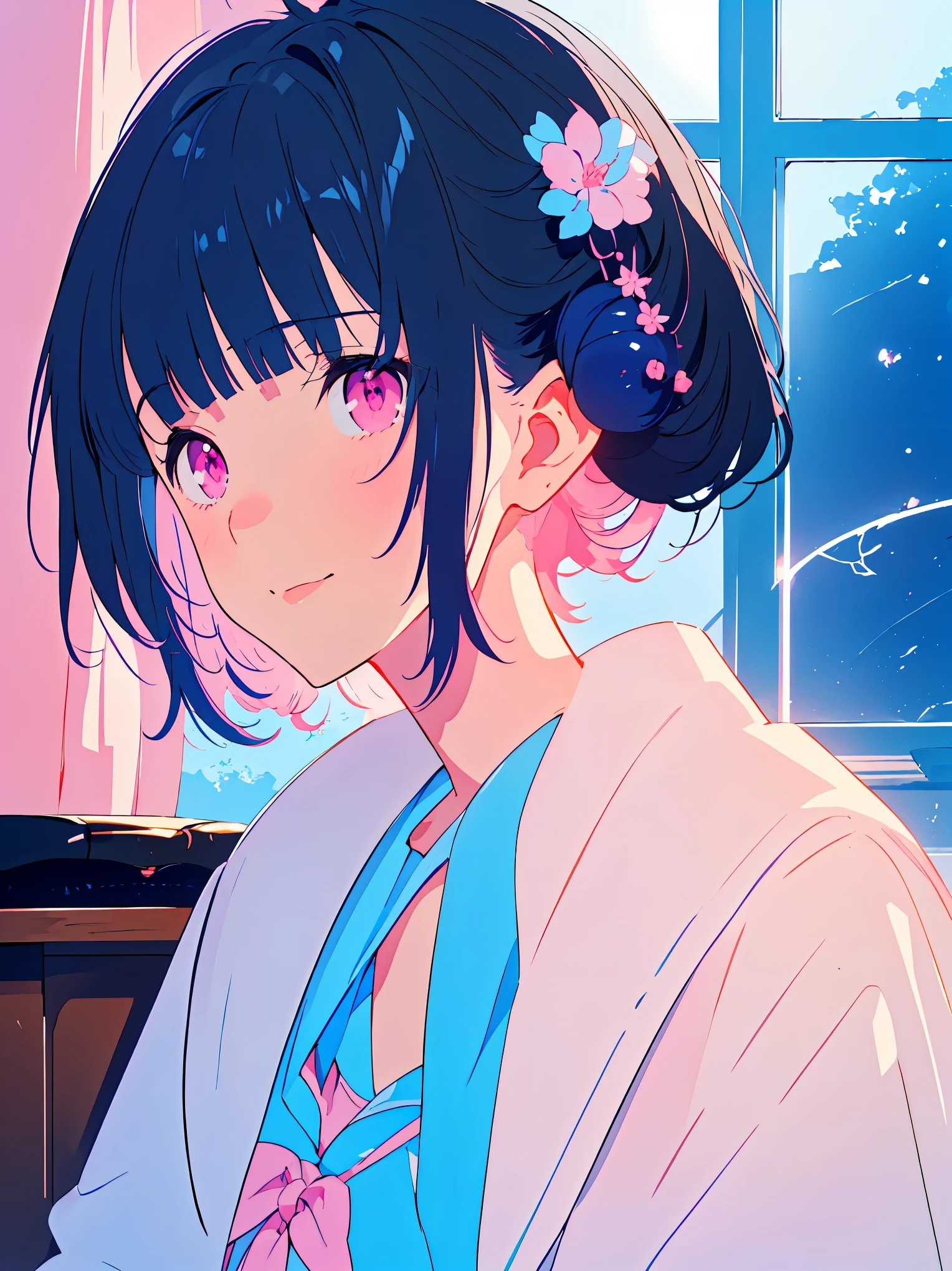 {{{{masterpiece}}}}, {{{Super detailed}}}, {{{high resolution}}},{{high resolution:1.3}}, {{good anatomy}}, (((best quality))), ((blueberry field,in school,indoor,blue theme,anime style,anime girl)),(((pink eyes,black hair streaked blue inside))),(big perfect eyes),(((formal suit in pure blue color))), hairclip, {8k cg wallpaper}, {{illustration,zoom in,focus on face,close-up shot, looking out a window}},((floating hair|blunt bangs|short hair|curly perm)),hair over shoulders,smile,(1girl:1), bride,solo,alone,(Color difference:1.2),emotionless,blushing,neat face,(medium breasts),((The details are complex、Shallow depth of field、movie lighting、a Canon EOS R5、50mm lens、f / 2.8、shot at 8k resolution))