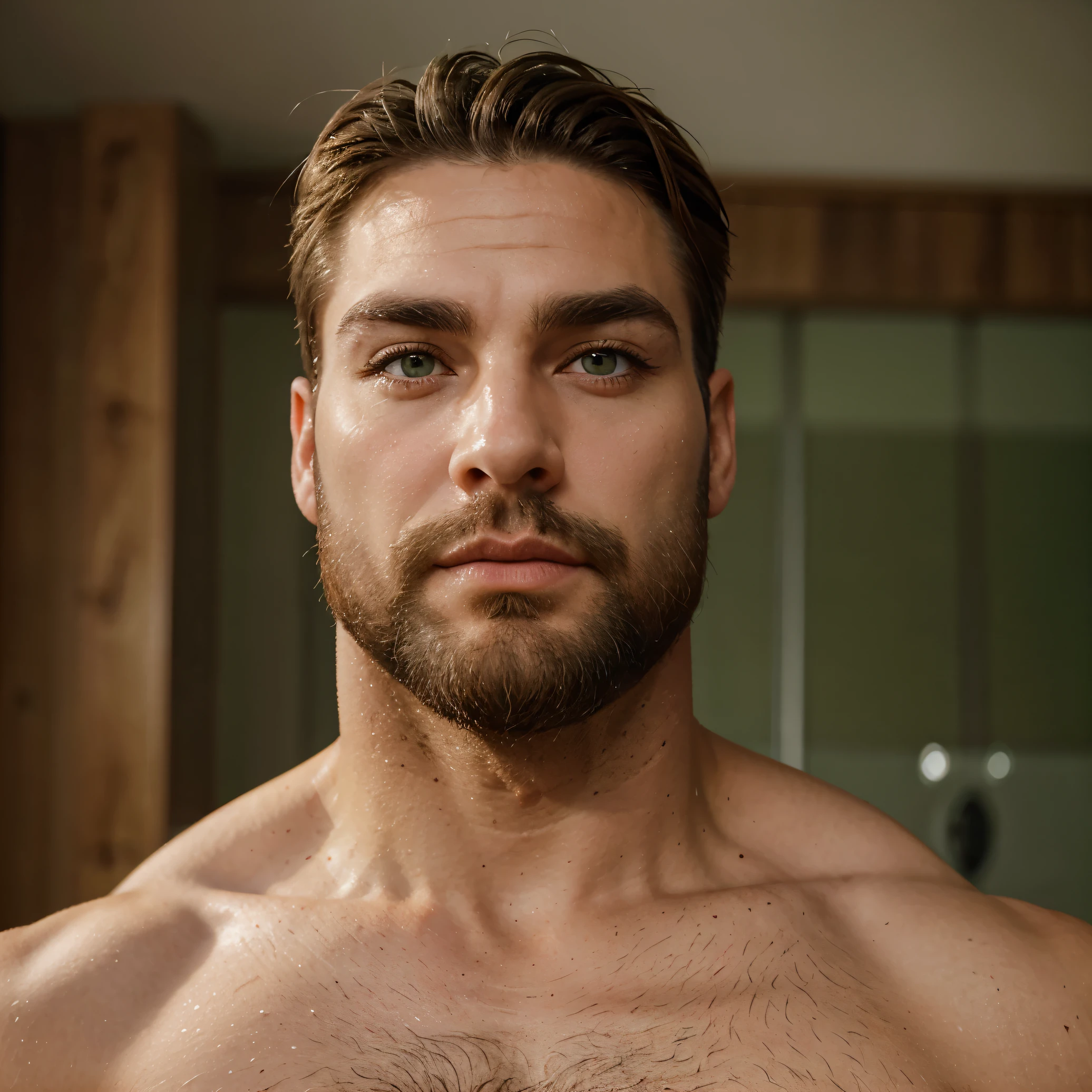 Long, curved eyelashes, green eyes, Hunter eyes, 45, neck circumference, symmetry of the face, 80% defined jaw extremely clean skin red lips thick and full eyebrows extremely defined physique man gradient hair Beard 