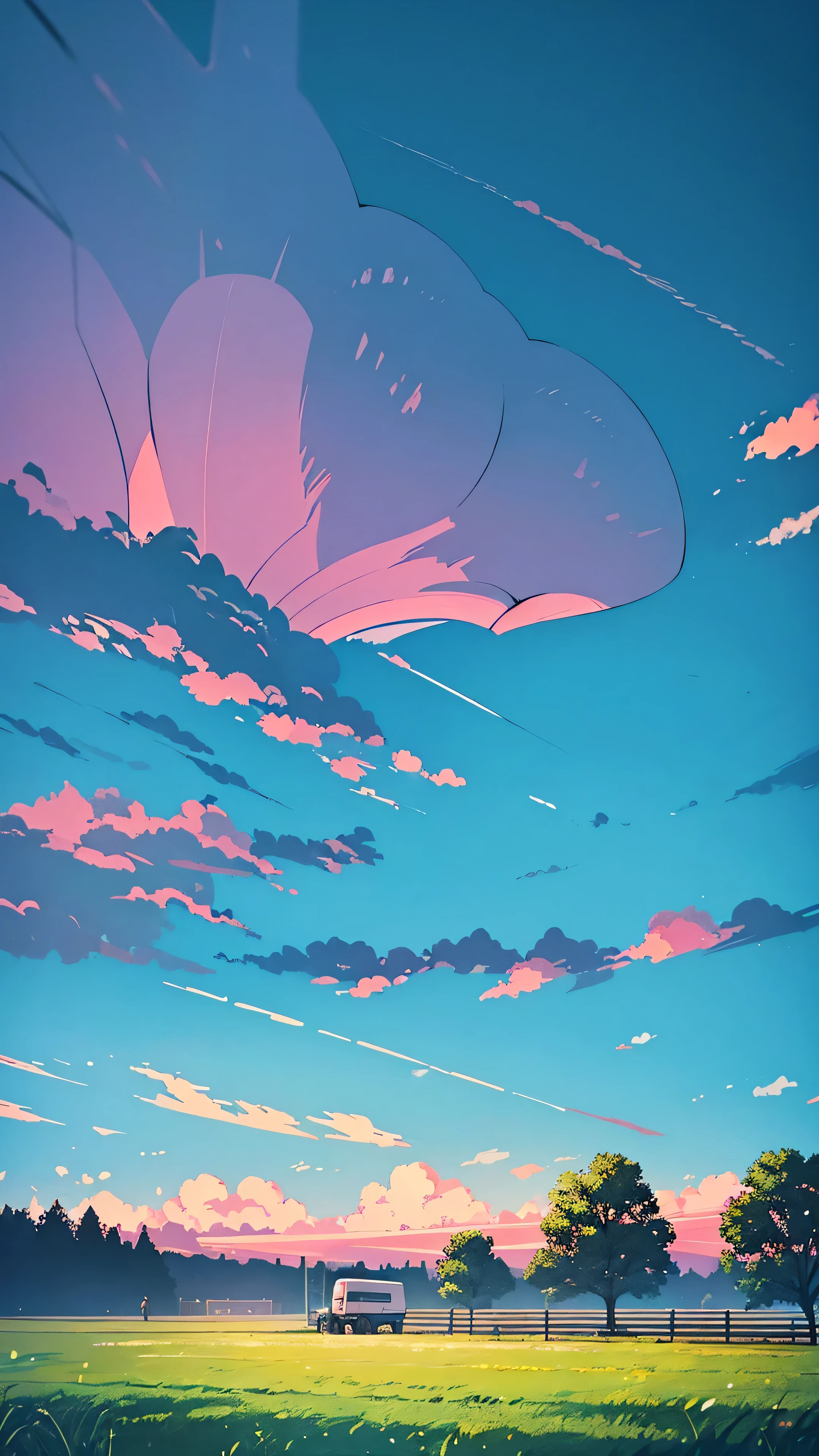 there is a small trailer parked in a field with a tree, by Alena Aenami, lofi art, lofi artstyle, style of alena aenami, inspired by Alena Aenami, art of alena aenami, artistic. alena aenami, jen bartel, beautiful retro art, inspired by Atey Ghailan, many clouds, aesthetic clouds, beautiful sky, grass