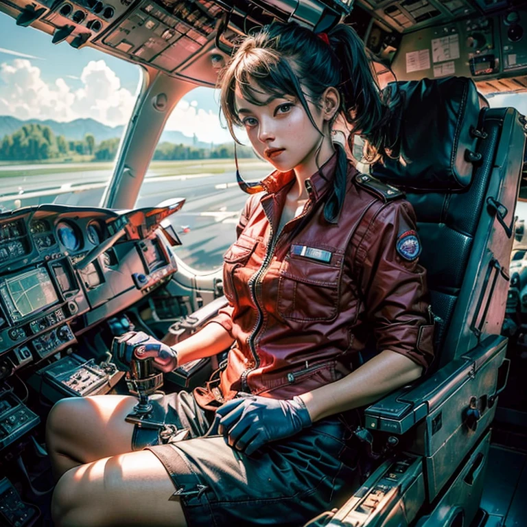(A female aircraft mechanic:1.5)The tale of。(He is sitting in the cockpit of an airplane and doing maintenance.:1.5)、He is the full-time mechanic for the red acrobatic plane.:1.5), She is very attractive and beautiful。She is a beautiful woman who is so cute and sexy that it's hard to believe she's 32 years old.。I usually wear khaki green overalls at work.、Wearing brown leather boots, A narrow hangar with a low ceiling、((Right behind、A bright red reciprocating engine plane used for aerobatic flying is parked here.))。The aircraft is equipped with a single engine.、Equipped with a wooden propeller((It's a very beautiful mid-wing aircraft.。)), hot〜While saying、The girl took off her overalls from the top half.、The sleeves were wrapped around the waist.。Rui々Her beautiful skin and white tank top look very pretty.。A tight tank top accentuates her voluptuous cleavage。Tight abdominal muscles、You would never guess from her soft-looking breasts., When you notice this、He smiled at me while holding the wrench., Her sweat makes her sex appeal stand out even more., I was fascinated by the beautiful aircraft and the attractive women.。, Did you do any engine maintenance?、on her upper body、There is oil from the aircraft here and there.。, Did he think I was looking at his chest?、He looks at me with a slightly grinning expression.。, Her chest is certainly captivating、It seems that there is a big misunderstanding.。, Even when she teases, her appearance is somehow seductive, so it's no wonder that everyone is captivated by her.。, Dynamic perspective, Ultra-wide shot,