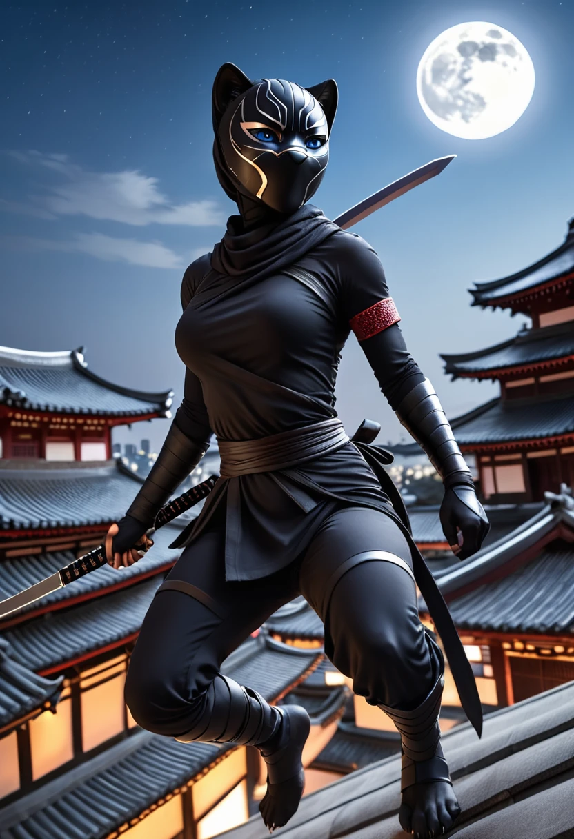 Anthropomorphic black panther dressed as a ninja, no face mask, small breasts, blue eyes, matte black ninja costume, no highlights on ninja costume, sword, Sai, running on temple rooftops, in the moonlight, view from below looking up, photorealistic, high quality photography