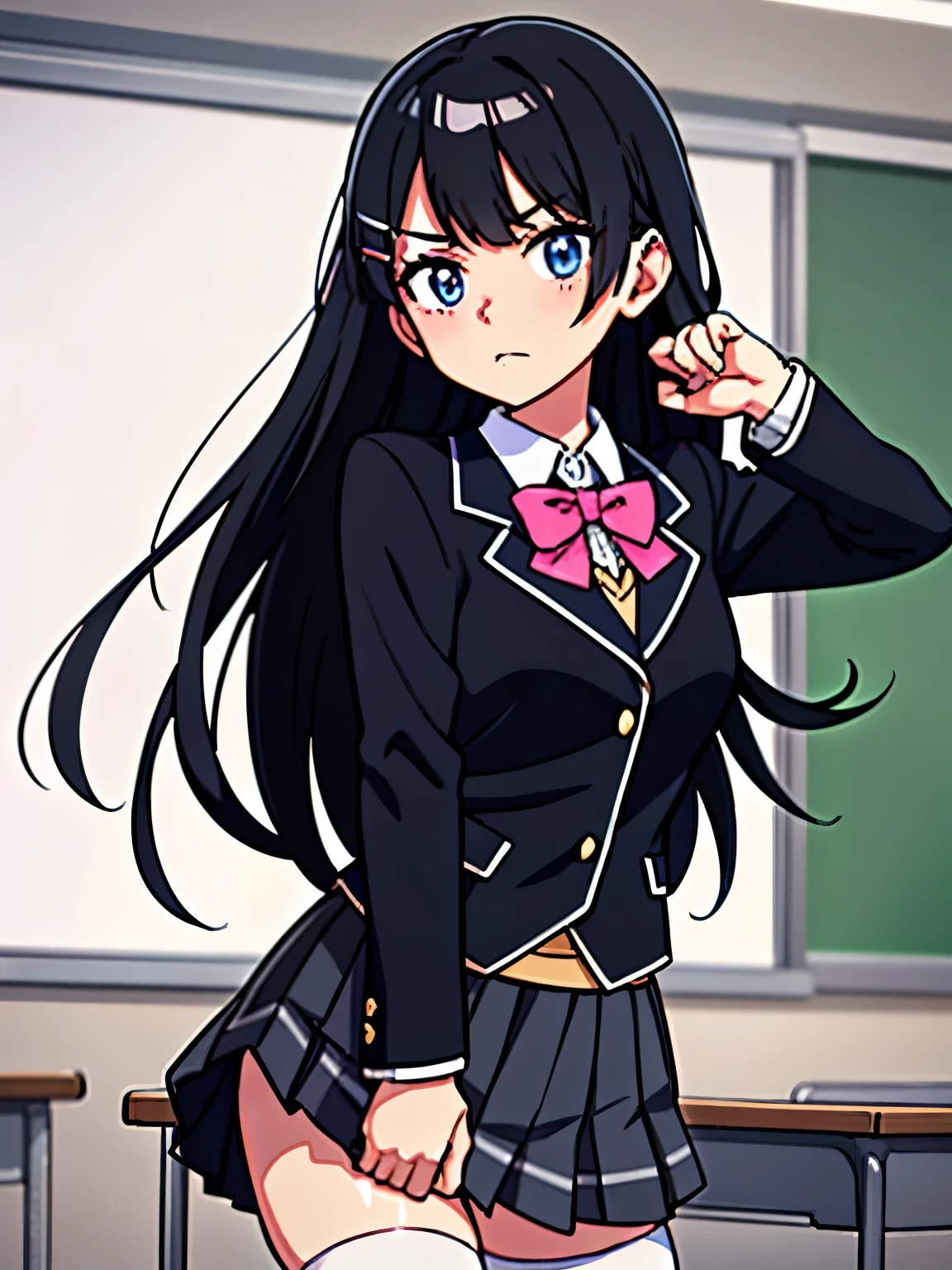 best quality, masterpiece, tsukino mito, long hair, black hair, blazer, black jacket, hairclip, hair ornament, white thighhighs, bangs, pleated skirt, pink bow, long sleeves, collared shirt, white shirt, blue eyes, plaid skirt, black skirt, (skirt tug:1.3), in classroom at evening