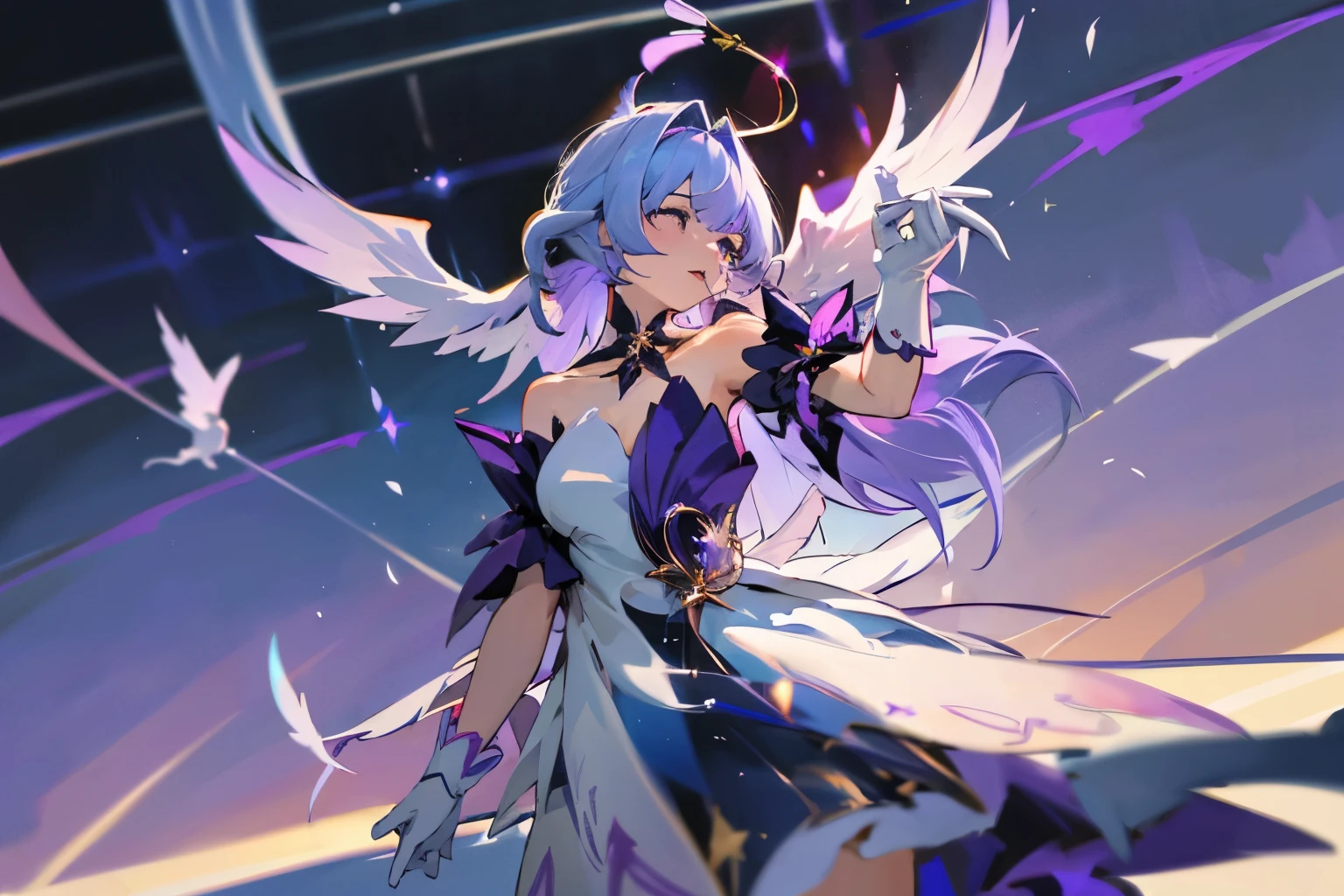 1girl,robin,head wings,strapless dress,white gloves,white dress,purple dress,collarbone, honkai star rail, official game art, angel wings, creative, dynamic, beautiful background, idol, singing