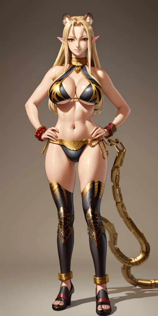 (Masterpiece, best quaility, 4k) (black gyaru darkest skin) (pointy ears) (tiger tail) (Selvaria Bles) (Karin Kanzuki) wearing yellowish tiger print bikini, hands on hips, full body golden = (shackles wristbands, chains, bracers, handcuffs) leather collar choker, metal sandals, big knockers, happy closed mouth red cheeks