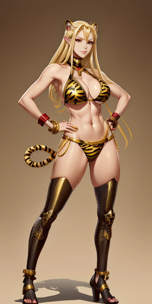 (Masterpiece, best quaility, 4k) (black gyaru darkest skin) (pointy ears) (tiger tail) (Selvaria Bles) (Karin Kanzuki) wearing yellowish tiger print bikini, hands on hips, full body golden = (shackles wristbands, chains, bracers, handcuffs) leather collar choker, metal sandals, big knockers, happy closed mouth red cheeks