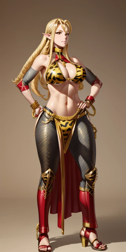 (Masterpiece, best quaility, 4k) (black gyaru darkest skin) (pointy ears) (tiger tail) (Selvaria Bles) wearing yellowish tiger print bikini, hands on hips, full body golden = (shackles wristbands, chains, bracers, handcuffs) leather collar choker, metal sandals, big knockers, happy closed mouth red cheeks