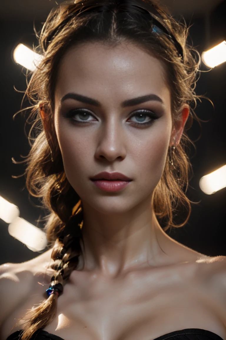 Sexy cyborg woman paints her self-portrait in oil paint, french braid, blonde hair, (Best quality, 4K, 8k, A high resolution, masterpiece:1.2), absurdity, masterpiece, ultra detailed, (realistic, photorealistic, photorealistic:1.37), complex parts, HDR, (complex parts:1.12), (hyper detailed, hyper realistic, Soft lighting, spicy:1.2), beautiful figure, Magnificent Anatomy, (complex part, Hyper detailed:1.15), Smooth skin,