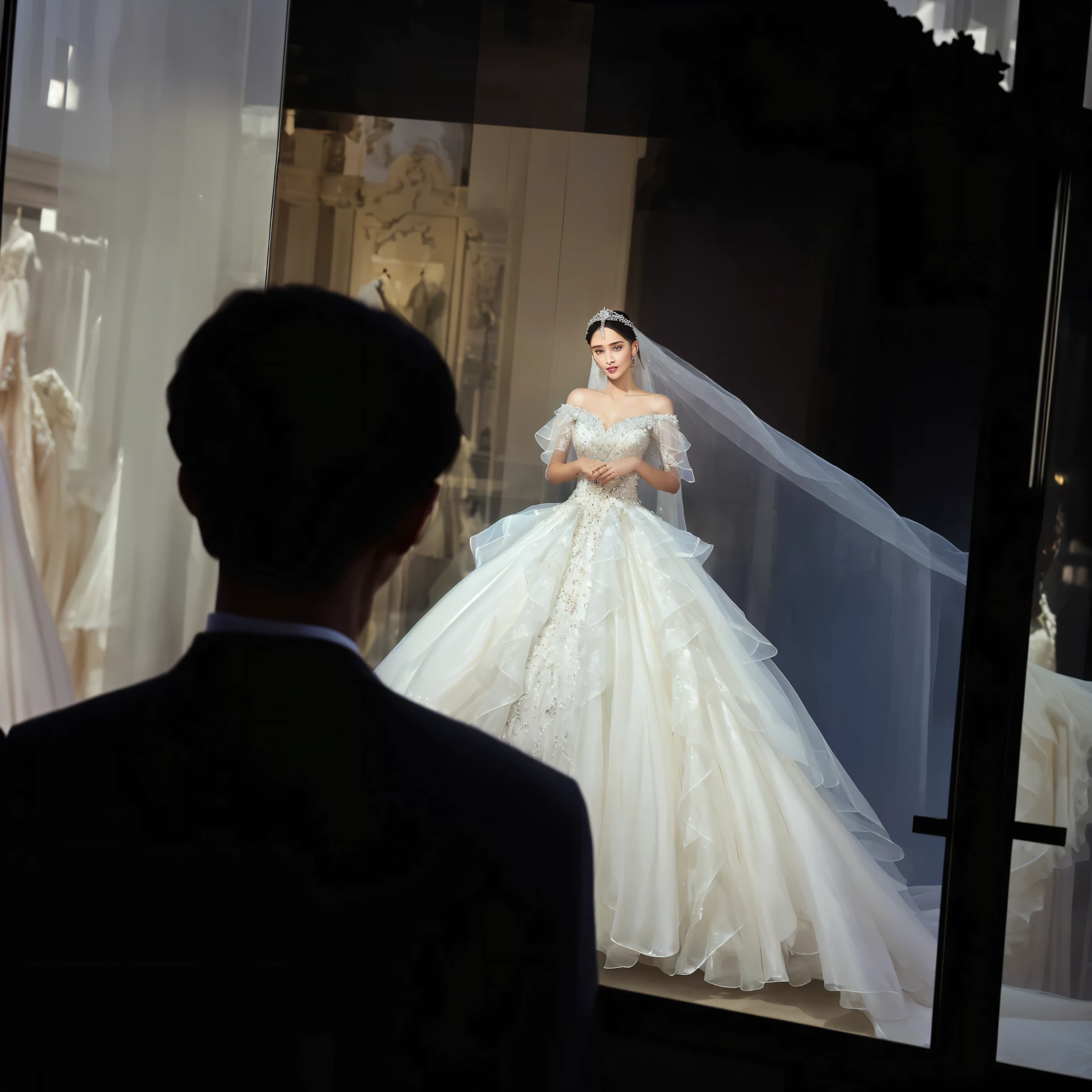 A man in Alafud is looking at wedding dresses in the window, Wearing fancy clothes, Expensive loose dress, Elegant digital art, Wearing a wedding dress, Wearing an elegant dress, Wearing beautiful clothes, Wearing an organza robe, surreal glimpse, extravagant dress, princess in foreground, People in the foreground, wearing a beautiful dress, luxury dress