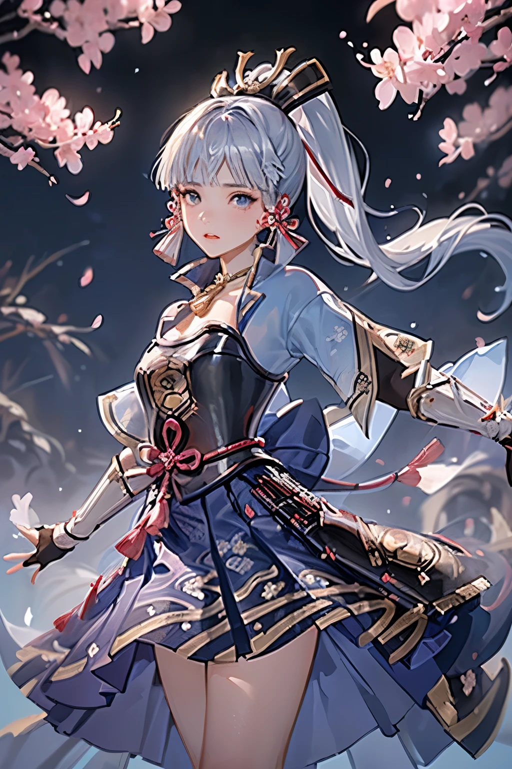 masterpiece, highest quality, ((kamisato ayaka_Genshin Impact)),((1girl,long hair,blue hair,ponytail,hair ribbon, hair ornament,mole under eye, blue eyes,breastplate,armor, short sleeves,japanese clothes,blue skirt, tassel,gloves, arm guards,))[(Holding a sword,JapaneseKatana):1.4],((Fantastic background、whirlwind、cherry blossoms)),Dancing
