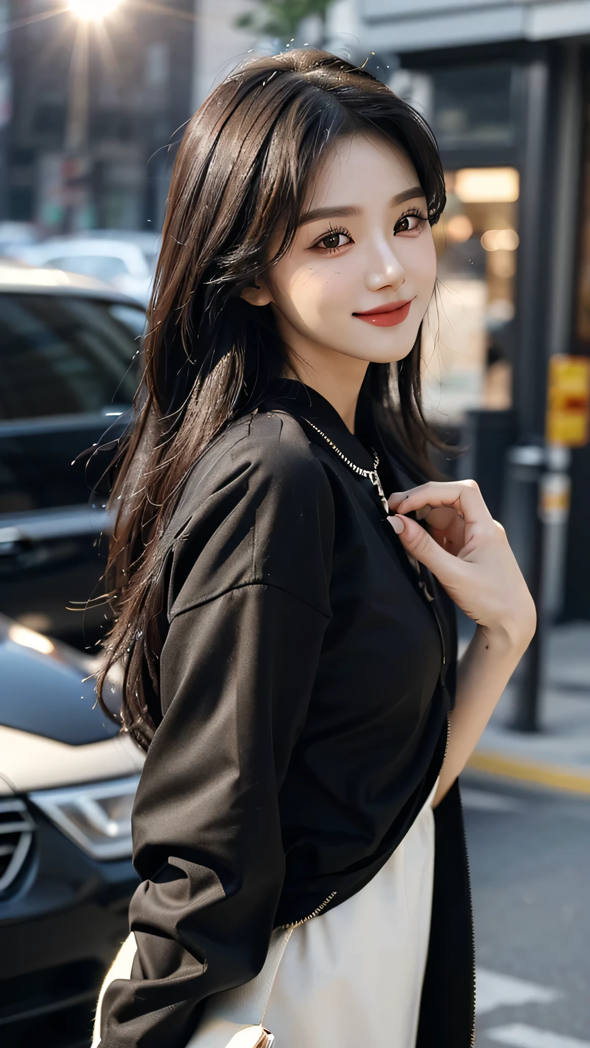 masterpiece、top-quality)、1 beutiful girl、Slim body、((Black and white plain clothes:1.1))、((Wearing black sunglasses )), (Detailed beautiful eyes), ((Detailed skin)) , ((Detailed beautiful hair)), Walk around the store、((Boyish Brown Medium Hair))、((Smaller face))、((Neutral face))、((Face seen from the side))、((Light brown eyes))、((Korean Girl))、((18year old))、((cool lady))、((A shy smile on his face))、((Korean Makeup))、((elongated and sharp eyes))、((Happy dating))、((looking distantly))、((boyish))、((Shot from the same height as your face))、((Shorter than viewer))、((She is running ahead of the viewer))、((Hold your mouth with your hand)), ((CG rendering)), ((Blurred background)), ((deep shadow)), ((16K)), ((Very detailed)), ((wallpaper)), ((depth of field)), ((movie light)), ((lens flare, Ray tracing)).