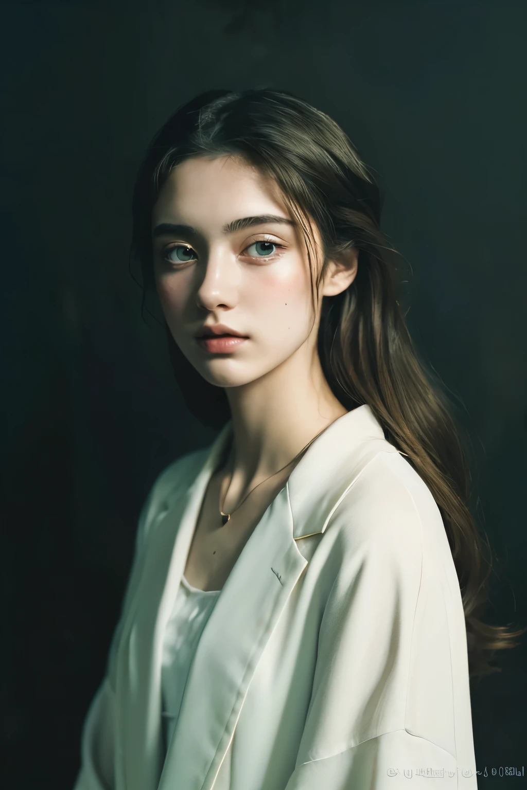 ( masterpiece, top quality, best quality,8k,17 year old girl,Super detailed,original photo:1.5),(Reality:1.4), (Movie Lighting), PerfectNwsjMajic, , Surrealism, Ultra HD, precise, Super Detail, textured skin, High Detail, best quality, Dynamic Angle, White skin,[Beautiful blue eyes], high nose,[flat chest:Large Breasts:0.5],(1 Girl),(Good anatomy:0.5)), Dreamy atmosphere, dark,Expressive brushstrokes, Mysterious atmosphere, Artistic Interpretation, Stunning Studio Ghibli style costumes, A whimsical illustration, Subtle colors and tones, Mysterious atmosphere, jewelry ,Glittering,Loose hair , White suit 