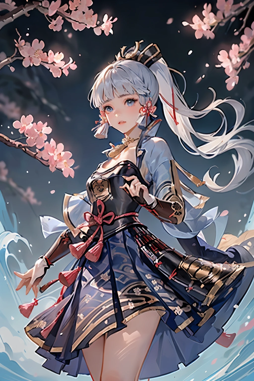 masterpiece, highest quality, ((kamisato ayaka_Genshin Impact)),((1girl,long hair,blue hair,ponytail,hair ribbon, hair ornament,mole under eye, blue eyes,breastplate,armor, short sleeves,japanese clothes,blue skirt, tassel,gloves, arm guards,))[(Holding a sword,JapaneseKatana):1.4],((Fantastic background、whirlwind、cherry blossoms)),Dancing
