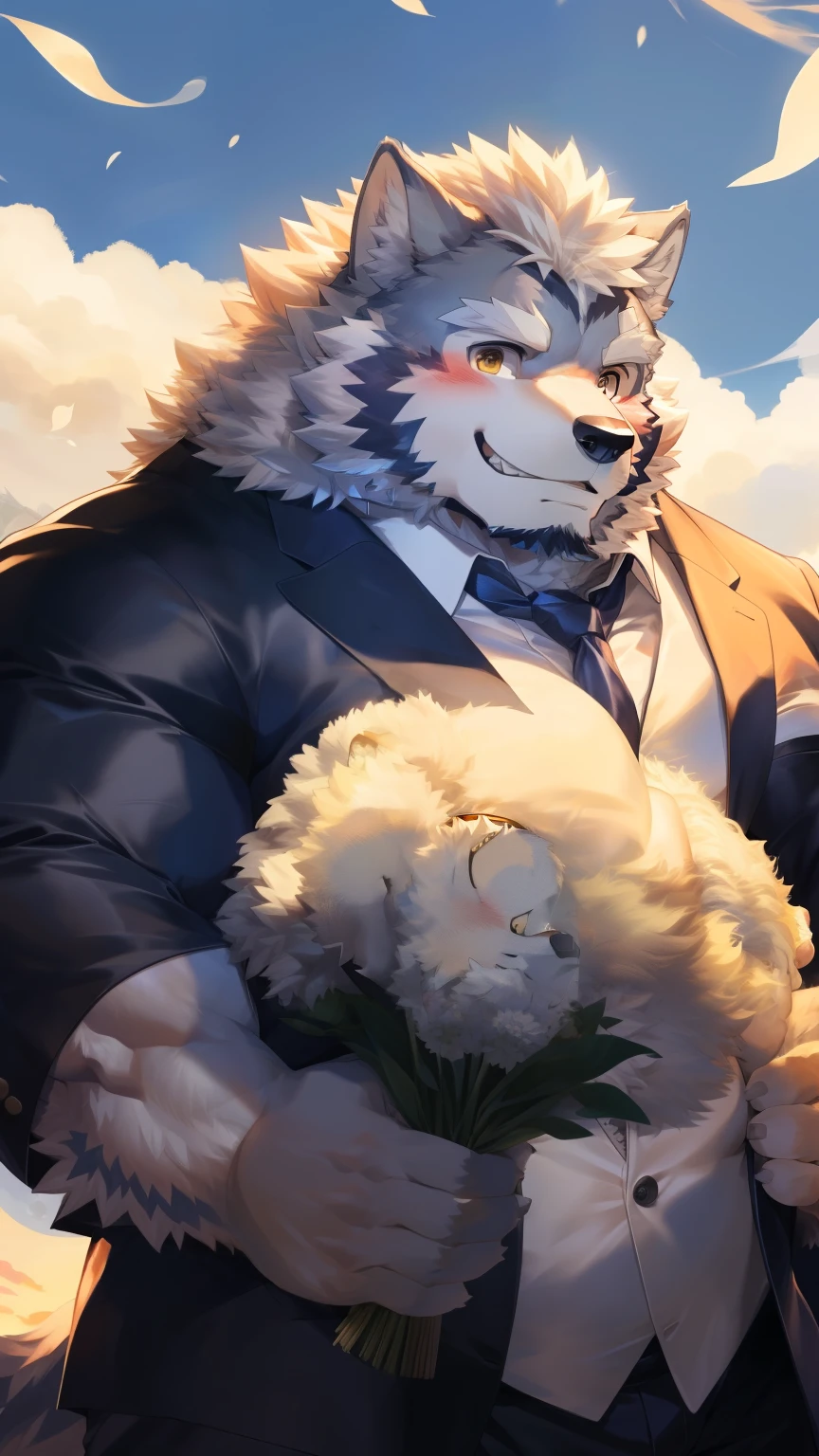 Solitary, anthropology, hairy, hairy male, Wolf, ((Fluffy fur, Fluffy, hairy body)), (Wolf印), (short beard), youth, Gray body, muscular, White, Big muscles, Golden pupils, Tail, deTailed teeth, deTailed face, Fundos, bridegroom, (Black suit suit), (The collar is open), Holding a bouquet of white flowers, 害羞的站在church门前, deTailed Fluffy fur, deTailed face, Look up at the audience, majestic, barbarous, A faint smile, Blushing, Strong, church, White dove, Half sideways, Top view, (through empty ghost, From wolf26, masterpiece, high quality, high resolution,8k), permanent, Close-up portraits, outdoor, 