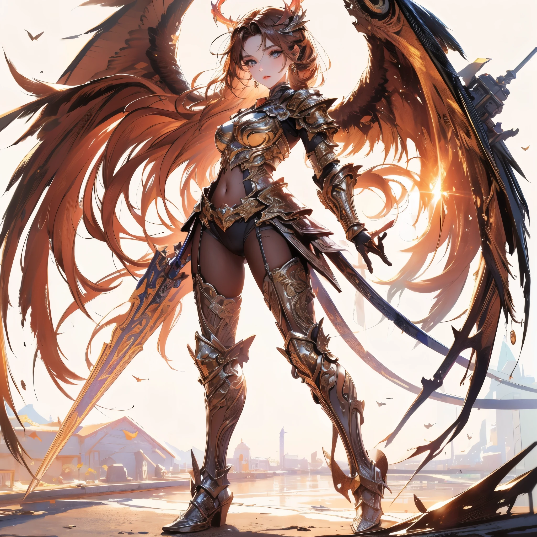 (best quality,4k,8k,highres,masterpiece:1.2),ultra-detailed, gorgeous woman,cute woman,(beautiful,extremely detailed:1.1) eyes,(beautiful,extremely detailed:1.1) lips,simple armor,angelic neon wings,shining halo,vibrant colors,soft light,portrait,sharp focus,smooth skin,long flowing hair,dainty features,confident pose,heavenly background,fantasy setting