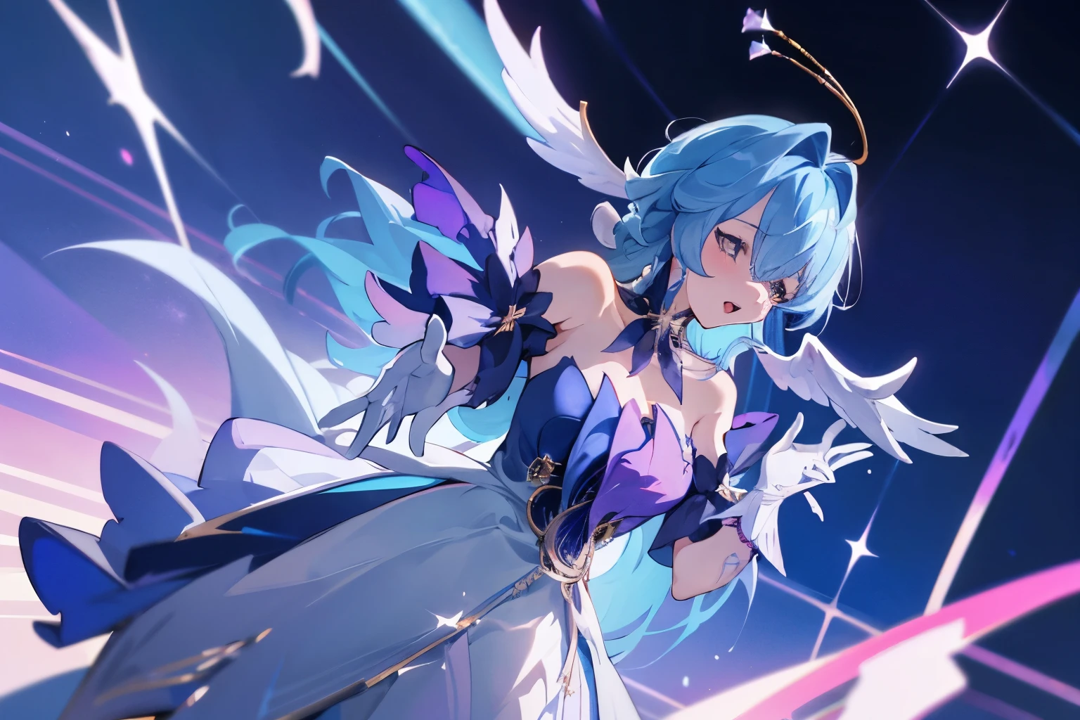 robin,1girl,(blue hair:1.0),bare shoulders,halo,white gloves,earrings,white dress,strapless dress,head wings,high quality,purple dress,detached sleeves,collarbone, honkai star rail, official game art, angel wings, creative, dynamic, perspective, beautiful background, idol, singing