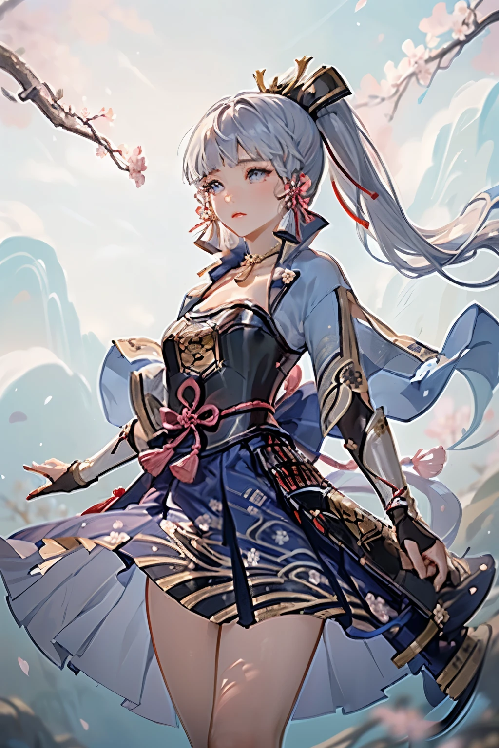 masterpiece, highest quality, ((kamisato ayaka_Genshin Impact)),((1girl,long hair,blue hair,ponytail,hair ribbon, hair ornament,mole under eye, blue eyes,breastplate,armor, short sleeves,japanese clothes,blue skirt, tassel,gloves, arm guards,))[(Hold your sword、Holding a sword,JapaneseKatana):1.8],((Fantastic background、whirlwind、cherry blossoms)),Dancing

