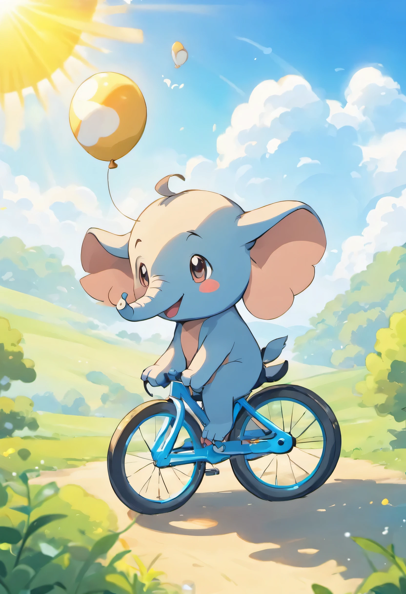 Little cartoon elephant, heureux, qui fait du vélo dans la campagne, le ciel est bleu avec un beau soleil en dessin animé bruit est heureux