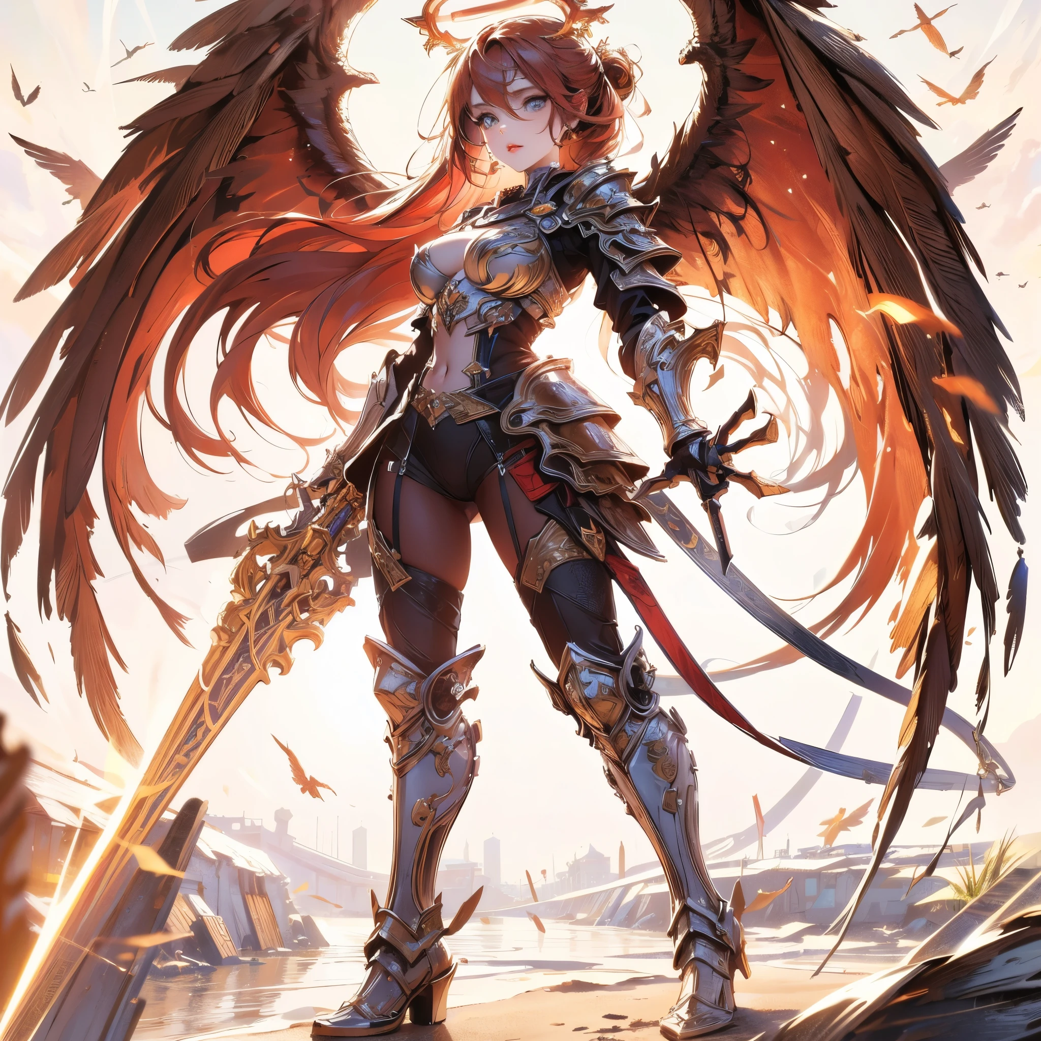 (best quality,4k,8k,highres,masterpiece:1.2),ultra-detailed, gorgeous woman,cute woman,(beautiful,extremely detailed:1.1) eyes,(beautiful,extremely detailed:1.1) lips,simple armor,angelic  neon wings,shining halo,vibrant colors,soft light,portrait,sharp focus,smooth skin,long flowing hair,dainty features,confident pose,heavenly background,fantasy setting