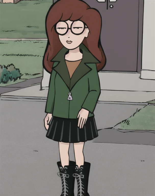 daria, 1girl, solo, green jacket, brown shirt, glasses, outdoors, full body, black skirt, black boots