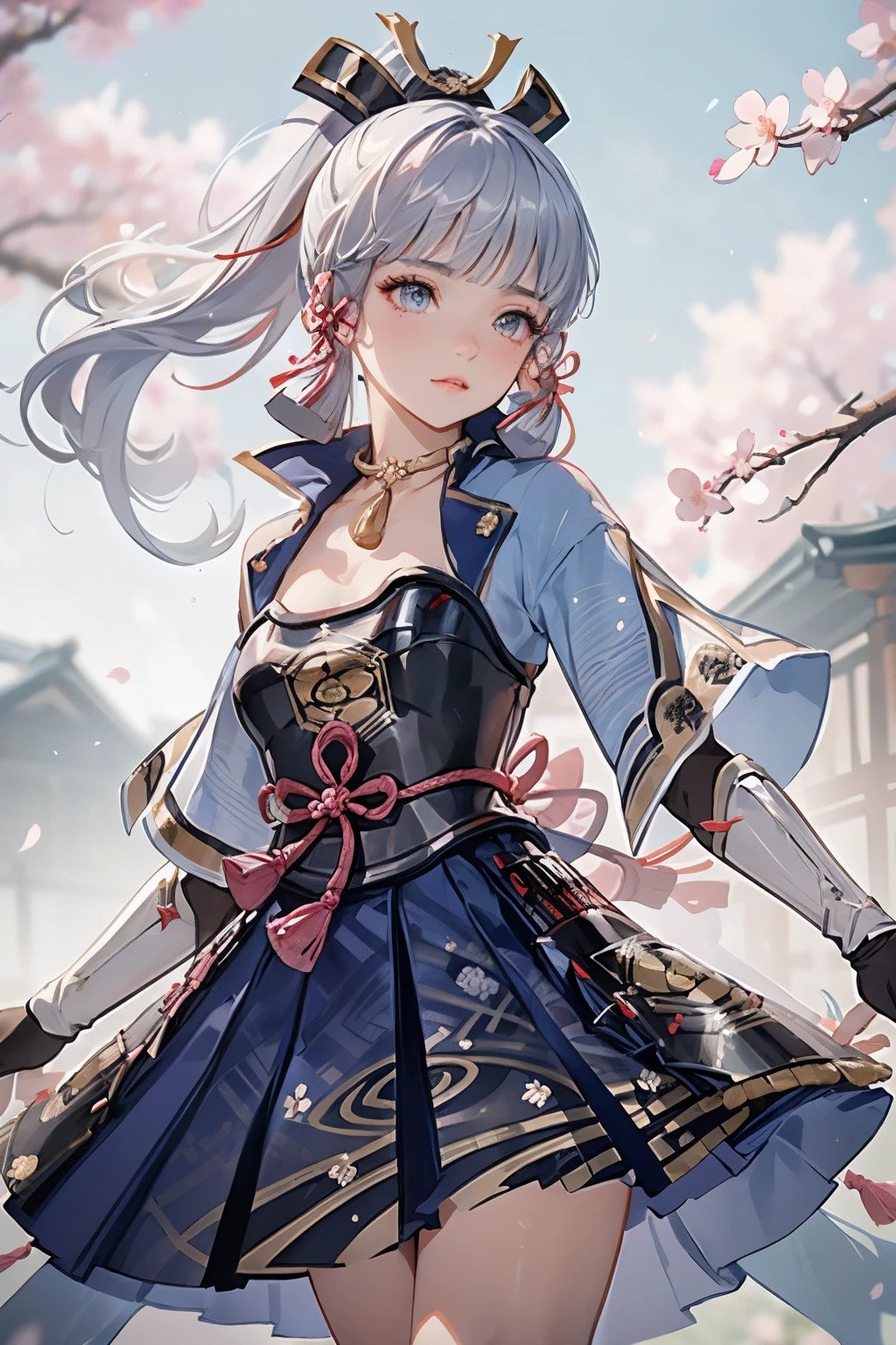 masterpiece, highest quality, ((kamisato ayaka_Genshin Impact)),((1girl,long hair,blue hair,ponytail,hair ribbon, hair ornament,mole under eye, blue eyes,breastplate,armor, short sleeves,japanese clothes,blue skirt, tassel,gloves, arm guards,))[(Hold your sword、Holding a sword,JapaneseKatana):1.8],((Fantastic background、whirlwind、cherry blossoms)),Dancing、Close-up image
