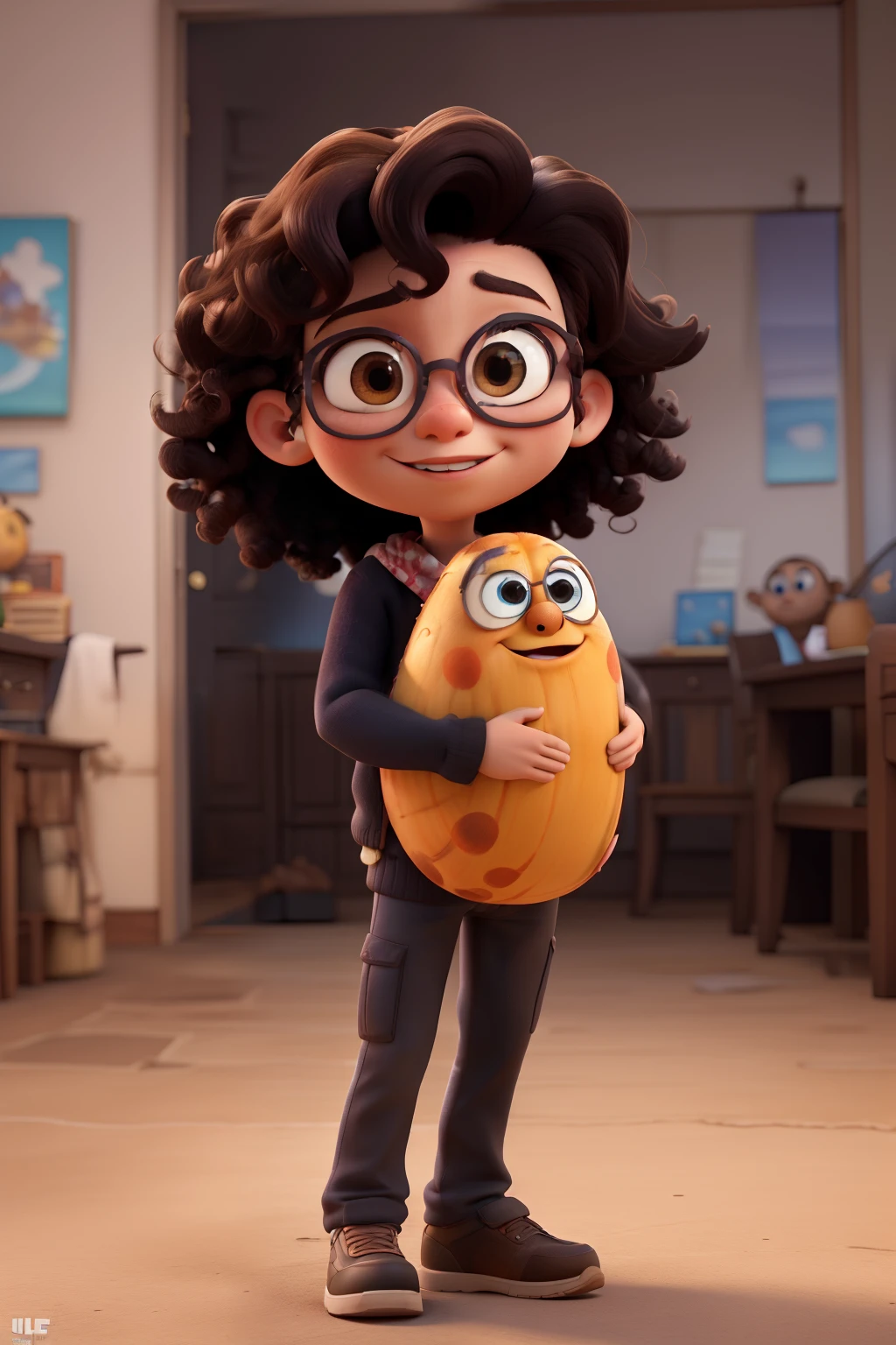 Personagem 3D, um homem magro alto, vestindo um casaco preto, cabelo preto muito curto e cacheado, olhos castanhos, lindos grandes olhos reflexivos circulares, Black glasses, being hugged by a girl with dark brown curly hair, (Film composition), (estilo pixar:1.2), (CGI animation: 1.2), (Disney: 1.2), (desenho animado: 0.2), (melhor qualidade, obra de arte, 4K, ultra detalhado, sharp focus, 8k, High definition:1.2), (por Danny Mac 3D, por Follygon), (obra de arte: 1.2), absurdos