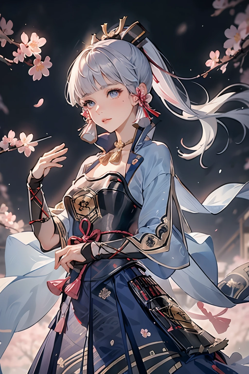 masterpiece, highest quality, ((kamisato ayaka_Genshin Impact)),((1girl,long hair,blue hair,ponytail,hair ribbon, hair ornament,mole under eye, blue eyes,breastplate,armor, short sleeves,japanese clothes,blue skirt, tassel,gloves, arm guards,))[(Hold your sword、Holding a sword,JapaneseKatana):1.8],((Fantastic background、whirlwind、cherry blossoms)),Dancing、Close-up image
