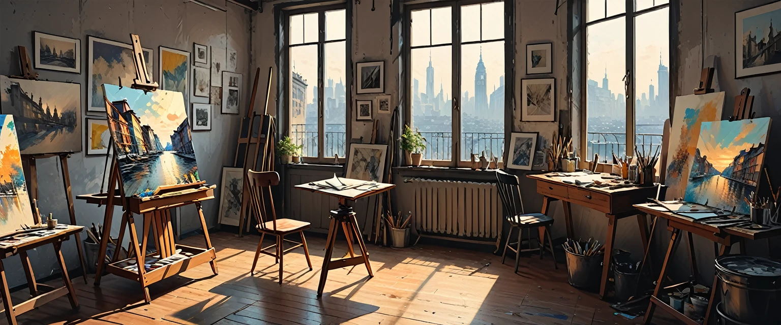 paintings hang on the walls,
easel, paintings, abstraction, minimalism, artist's studio, artist's workshop, brushes, paints, chair near the easel, window to the street, graphic style of novel comics, perfect hands, 2d,
8k, hyperrealism, masterpiece, high resolution, best quality, ultra-detailed, super realistic, Hyperrealistic art, high-quality, ultra high res, highest detailed, lot of details, Extremely high-resolution details, incredibly lifelike, colourful, soft cinematic light,