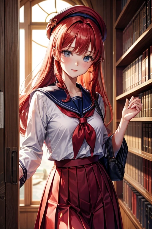 Une femme, 25 ans, cheveux longs, red hairs, rousse, beaucoup de Détails, dans un volcan, japanese  outfit (sailor, chemise blanche, pleated skirt), collant, lunette, nattes, in a library