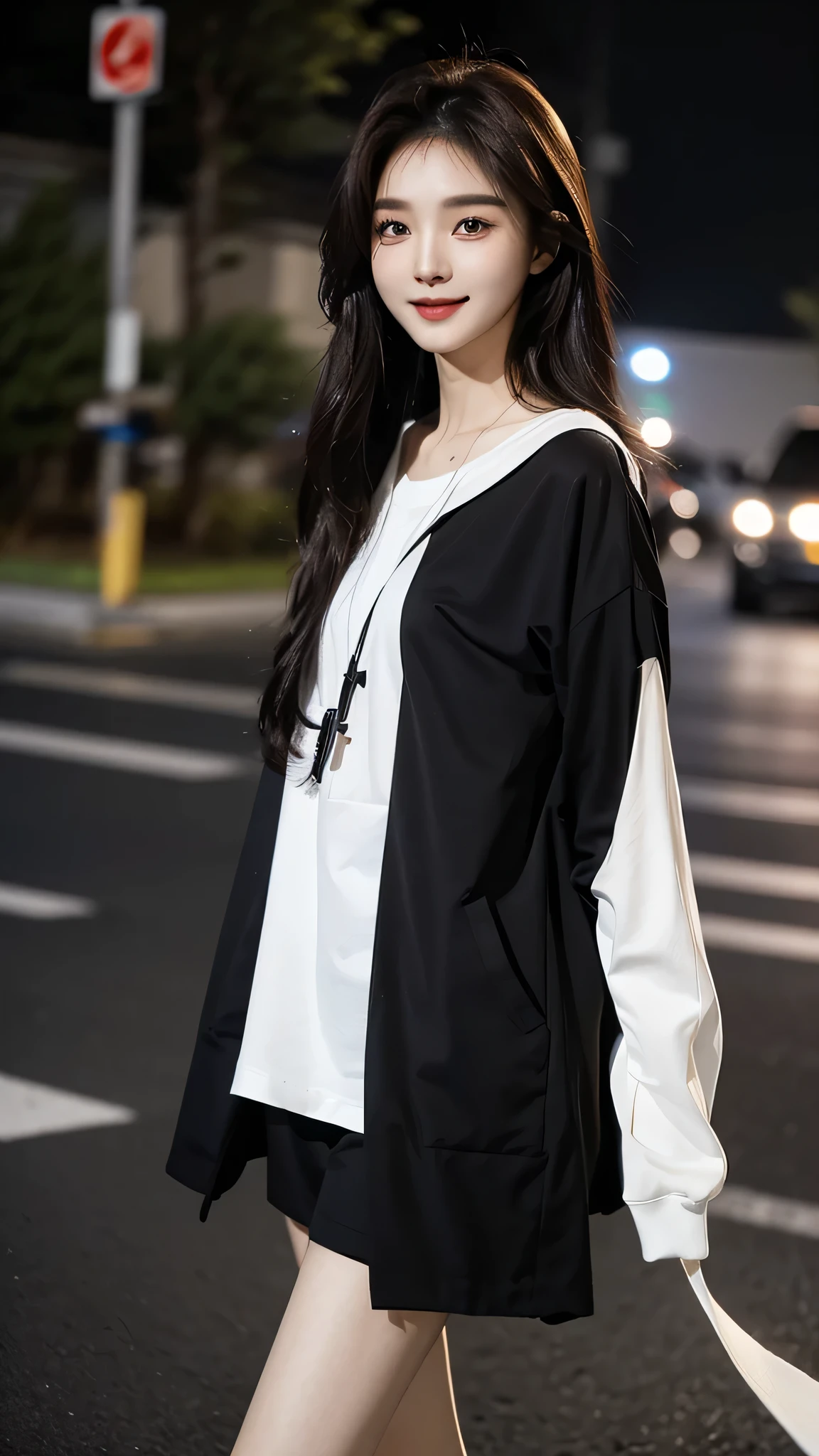 ​masterpiece、top-quality)、1 beutiful girl、Slim body、((Black and white plain clothes:1.1))、(Detailed beautiful eyes)、Walking together on the road at night、Face similar to Chaewon in Le Selefim、((Boyish Brown Medium Hair))、((Smaller face))、((Neutral face))、((Light brown eyes))、((Korean Girl))、((18year old))、((cool lady))、((A shy smile on his face))、((Korean Makeup))、((elongated and sharp eyes))、((Happy dating))、((boyish))、((She is walking in front of the viewer))、((Looking Up))、((shot from a side angle))
