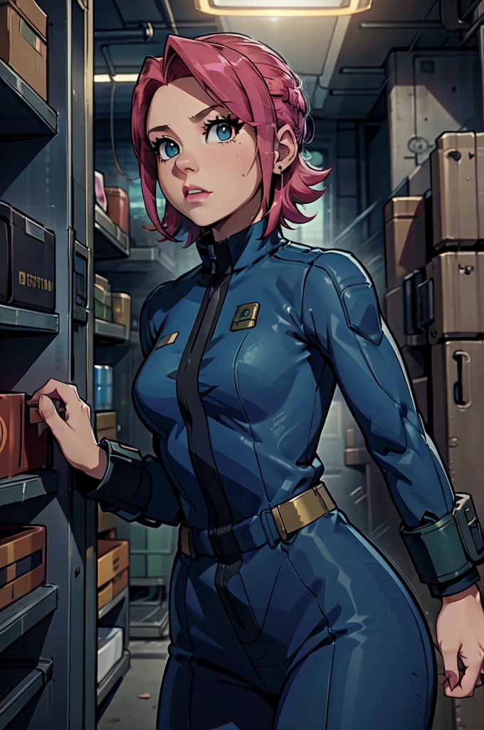 Mayl Sakurai reimagined as a vault dweller, doing maintenance in an underground vault. Her vibrant pink hair stands out against the dimly lit environment. She is a 26-year-old woman dressed in a vault dweller jumpsuit, indicative of her role in the post-apocalyptic world. The jumpsuit is worn but still functional, reflecting the harsh conditions of life underground. Her face is beautifully detailed, with expressive eyes that convey determination and intelligence. Her lips are also well-defined, adding to her overall allure.

In the vault, Mayl Sakurai is seen operating a pipboy, a wrist-worn device that serves as an essential tool and information hub for survival in the vault. The pipboy's screen emits a soft glow, illuminating Mayl's face and casting a subtle green hue on the surroundings. The details on the pipboy, from its buttons to its display, are extremely detailed, showcasing its futuristic design.

The underground vault is filled with mechanical equipment and pipes, emphasizing the importance of maintenance in this post-apocalyptic world. The atmosphere is gritty and industrial, with a hint of mystery and danger. The lighting is dim and has a hint of blue tones, enhancing the underground ambiance.

Despite the grim surroundings, Mayl Sakurai exudes confidence and strength as she jumps into action, ready to fulfill her duties as a vault dweller. Her posture and expression suggest that she is prepared to face any challenge that comes her way.

The image quality should be at its best, with 4K resolution and ultra-detailed rendering, capturing every intricate detail of the scene. The colors should be vivid, emphasizing the contrast between Mayl's vibrant pink hair and the dimly lit environment. The overall style should lean towards a post-apocalyptic concept art aesthetic, blending realism with a touch of fantasy.

In summary, the Stable Diffusion prompt for the provided theme would be:
Mayl Sakurai reimagined as a vault dweller, doing maintenance in an undergr