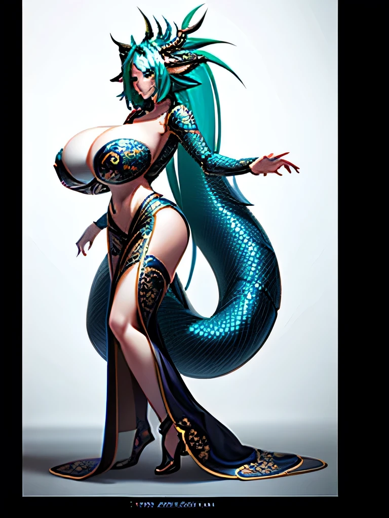 Fantasy digital painting of the Dragoness woman Tiamat, (T-Pose:2), (Full body:2), (side view:2), shaped as a dragon-woman hybrid of (immense breasts from her chest to to the waist:2), (huge breasts going all the way to the waist:2), equally rivalled by her tiny waist, bizarre twin black dragonly, (2 symmetric snake dragon as tails:2), majestically posed in an 'T-stance', side view, claw, Her Bra consists of claws covering the bare minimum of her generous disproportionate chest, full-length representation, sensuous curves, daunting presence, juxtaposed against her slender waist, backlit by gloom, 600dpi, ultra detailed, cinematic lighting, high fantasy genre, dark scales shimmering, detailed claws, dramatic lighting, ultra-fine details, captivating allure, octane rendering.
