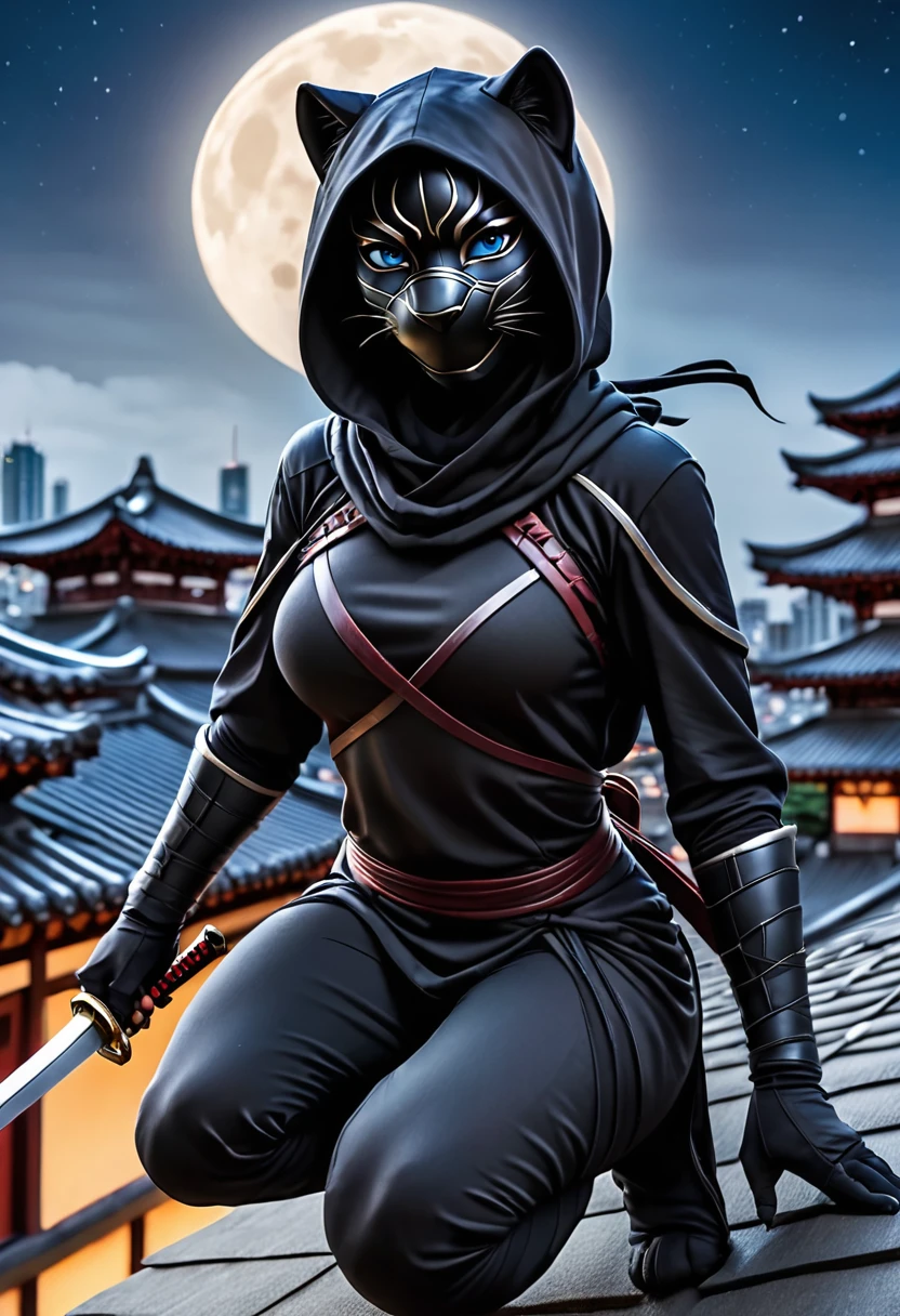 Anthropomorphic black panther dressed as a ninja, ((no face mask)) , (visible face)) small breasts, blue eyes, matte black hooded ninja costume,,no highlights on ninja costume, sword, sneaking on temple rooftops, crouched, in the moonlight, view from below looking up, photorealistic, high quality photography, 