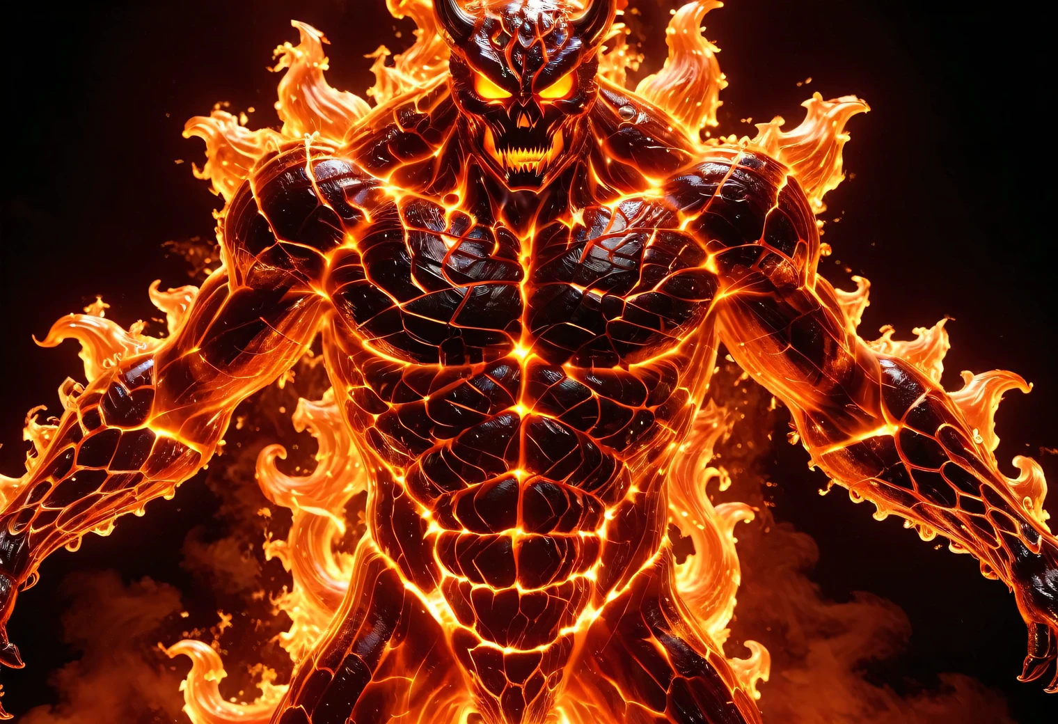 The ultra detailed spirit of the Lava Demon is imprisoned in an energy cell from which there is no way out, the Lava demon is evil, the Lava Demon has transparent skin and flesh and dark lava flows are visible inside, A dark scarlet fiery heart is burning In the chest of the Lava Demon, incredibly detailed, incredibly masterful, very high resolution, 32k
