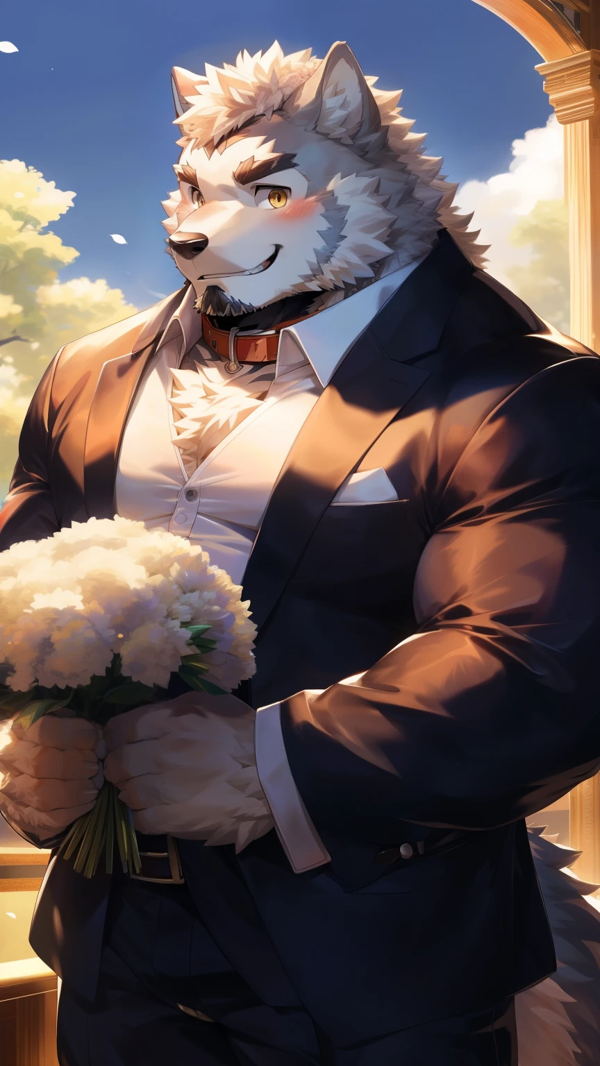 Solitary, anthropology, hairy, hairy male, Wolf, ((Fluffy fur, Fluffy, hairy body)), (Wolf印), (short beard), youth, Gray body, muscular, White, Big muscles, Golden pupils, Tail, deTailed teeth, deTailed face, Fundos, bridegroom, (Black suit suit), (Red bow tie), Holding a bouquet of white flowers, 害羞的站在church门前, deTailed Fluffy fur, deTailed face, Look up at the audience, majestic, barbarous, A faint smile, Blushing, Strong, church, White dove, (Top view from the front), (through empty ghost, From wolf26, masterpiece, high quality, high resolution,8k), permanent, Full body portrait, outdoor,