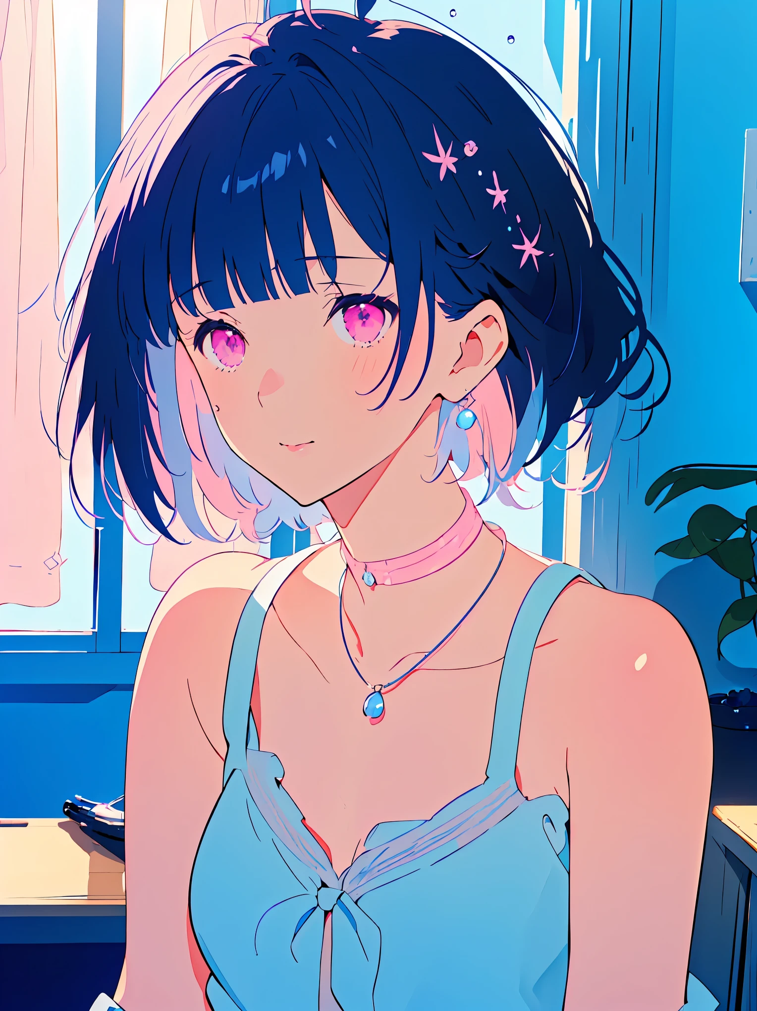 {{{{masterpiece}}}}, {{{Super detailed}}}, {{{high resolution}}},{{high resolution:1.3}}, {{good anatomy}}, (((best quality))), ((in school,indoor,blue theme,anime style,anime girl)),(((pink eyes,black hair streaked blue inside))),(big perfect eyes),(((smart casual in pale blue color,collarbone, hair ornament, blueberry,dress, jewelry, choker,necklace, bare arms,waterdrops,soaked))), hairclip, {8k cg wallpaper}, {{illustration,zoom in,focus on face,close-up shot, looking out a window}},((floating hair|blunt bangs|short hair|curly perm))smile,(1girl:1), bride,solo,alone,(Color difference:1.2),emotionless,blushing,neat face,(medium breasts),((The details are complex、Shallow depth of field、movie lighting、a Canon EOS R5、50mm lens、f / 2.8、shot at 8k resolution))