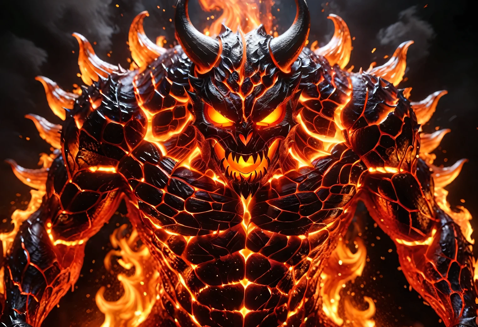 The ultra detailed spirit of the Lava Demon is imprisoned in an energy cell from which there is no way out, the Lava demon is evil, the Lava Demon has transparent skin and flesh and dark lava flows are visible inside, A dark scarlet fiery heart is burning in the chest of the Lava Demon, a full body, streaks of lava from the demon's eyes, drops of lava on the demon's fangs, full pose, red-hot steel claws of a Lava Demon, incredibly detailed, incredibly masterful, very high resolution, 32k