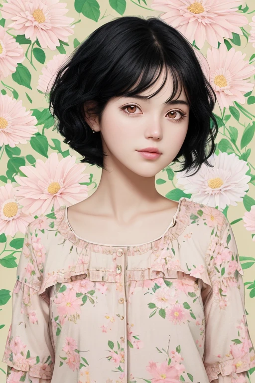 natural girl with black hair and right side pose, flowery background.