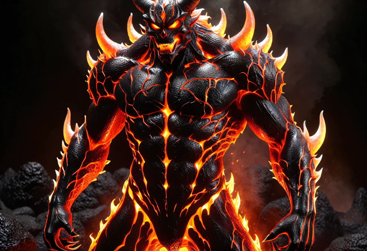 The ultra detailed spirit of the Lava Demon is imprisoned in an energy cell from which there is no way out, the Lava demon is evil, the Lava Demon has transparent skin and flesh and dark lava flows are visible inside, ((In the chest of the Lava Demon)) ((dark scarlet is burning)) ((fiery heart)), full body, lava streaks from the demon's eyes, lava drops on the demon's fangs, full pose, red-hot steel claws of the Lava Demon, incredibly detailed, incredibly masterful, very high resolution, 32k