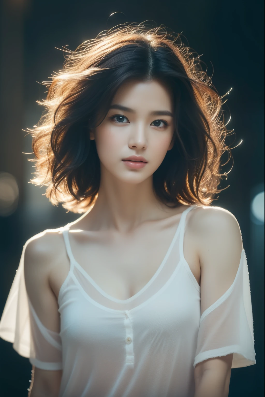 Random pose, Mix 4, (8k, original photo, best quality, masterpiece: 1.45), (actual, lifelike: 1.37), One girl, Lovely, city View, night, rain, wet, professional lighting, photon mapping, Radiosity, Physically based rendering, gradient black hair, short curly hair, Handsome, girl, t-shirt, high quality photos, high resolution, 1080P, (clear face), (detailed facial description), (Detailed description of the hand), (masterpiece), (Exquisite CG), Extreme light and shadow, messy hair, masterpiece, Rich in details, (Exquisite facial features), (best quality photos), (masterpiece), (beautiful eyes), look in front of you, Thin clavicle,