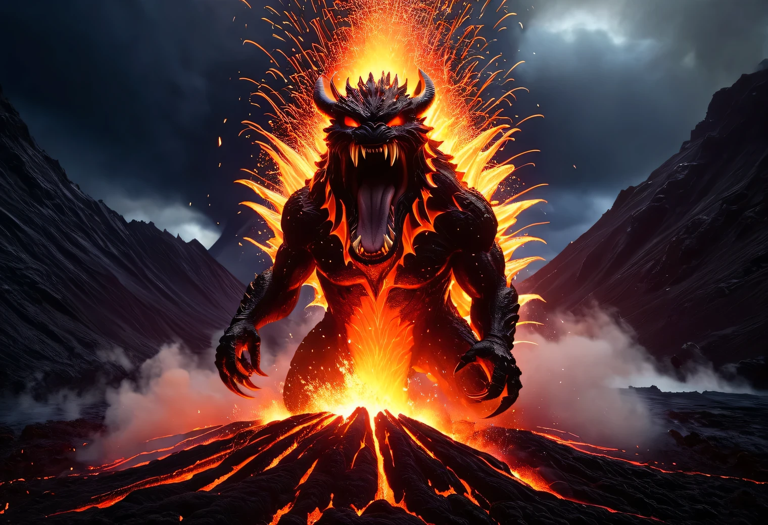 A huge Lava Demon bursts out of the mouth of a flaming volcano bursting a volcano, A Lava Demon bursting out of a volcano throws around a lot of lava splashes and fragments of a volcano, science fiction, disaster, artistic processing, digital frame processing, cinematic textures, new generation shooting technologies, Lava Demon