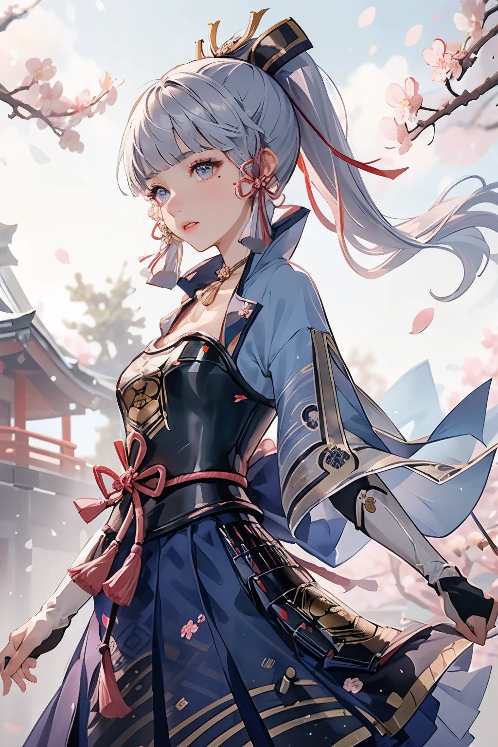 masterpiece, highest quality, ((kamisato ayaka_Genshin Impact)),((1girl,long hair,blue hair,ponytail,hair ribbon, hair ornament,mole under eye, blue eyes,breastplate,armor, short sleeves,japanese clothes,blue skirt, tassel,gloves, arm guards,))Ample breasts:1.9、[(Hold your sword、Holding a sword,JapaneseKatana):1.8],((Fantastic background、whirlwind、cherry blossoms)),Dancing、Close-up image
