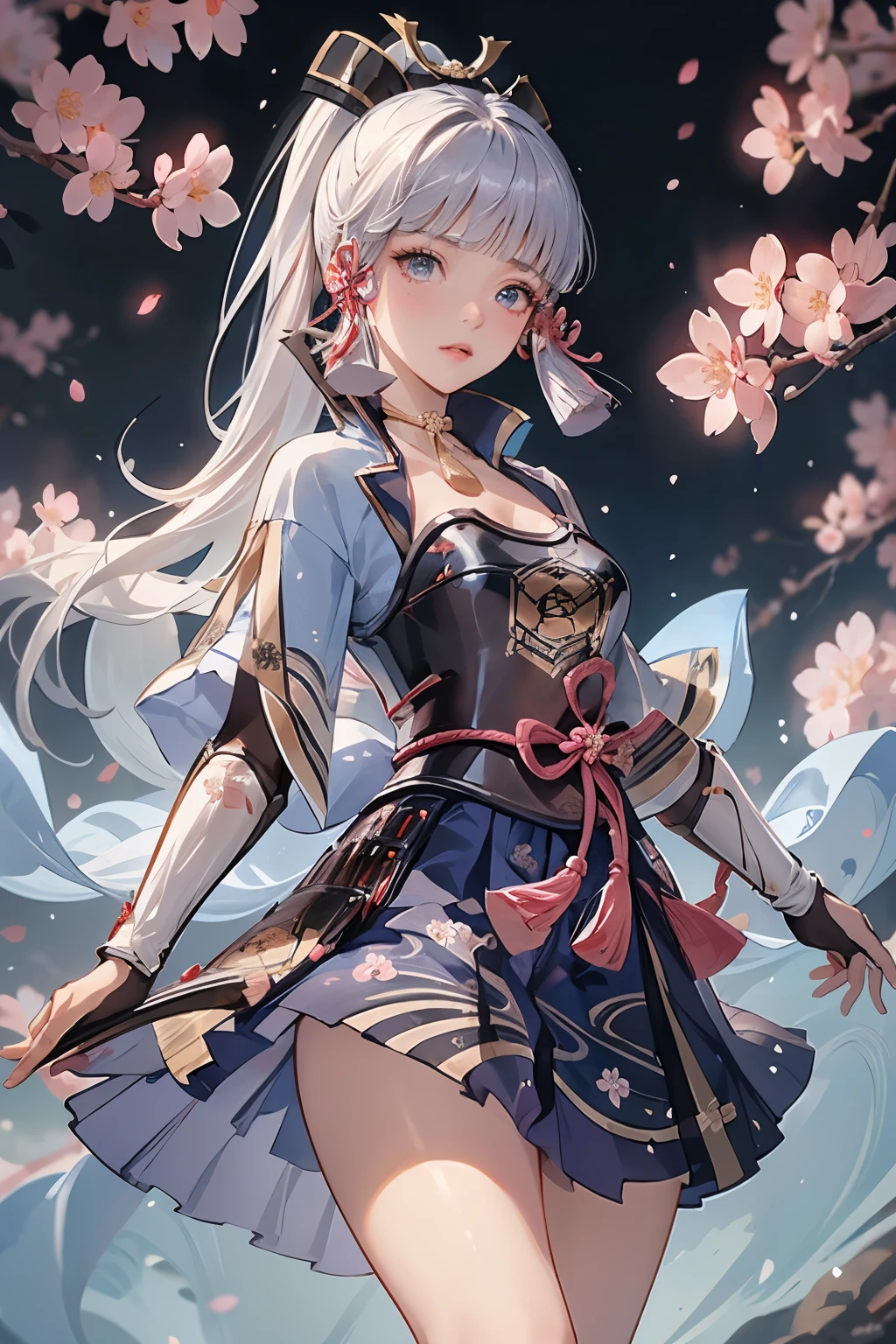 masterpiece, highest quality, ((kamisato ayaka_Genshin Impact)),((1girl,long hair,blue hair,ponytail,hair ribbon, hair ornament,mole under eye, blue eyes,breastplate,armor, short sleeves,japanese clothes,blue skirt, tassel,gloves, arm guards,))Ample breasts:1.9、[(Hold your sword、Holding a sword,JapaneseKatana):1.8],((Fantastic background、whirlwind、cherry blossoms)),Dancing、Close-up image
