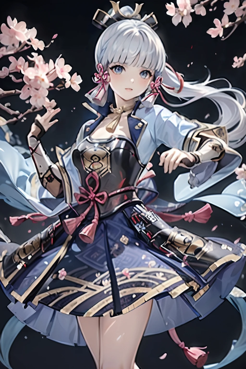 masterpiece, highest quality, ((kamisato ayaka_Genshin Impact)),((1girl,long hair,blue hair,ponytail,hair ribbon, hair ornament,mole under eye, blue eyes,breastplate,armor, short sleeves,japanese clothes,blue skirt, tassel,gloves, arm guards,))Ample breasts:1.9、[(Hold your sword、Holding a sword,JapaneseKatana):1.8],((Fantastic background、whirlwind、cherry blossoms)),Dancing、Close-up image
