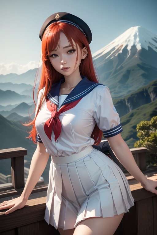 Une femme, 25 ans, cheveux longs, red hairs, rousse, beaucoup de Détails, dans un volcan, japanese outfit (sailor, chemise blanche, pleated skirt), collant, lunette, nattes, in a library