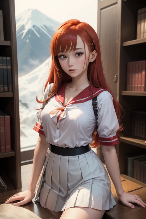Une femme, 25 ans, cheveux longs, red hairs, rousse, beaucoup de Détails, dans un volcan, japanese outfit (sailor, chemise blanche, pleated skirt), collant, lunette, nattes, in a library