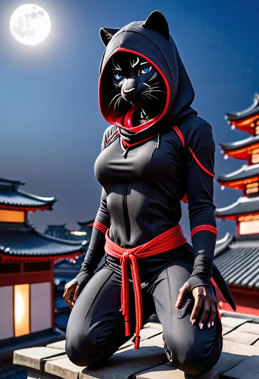 Anthropomorphic black panther dressed as a ninja, ((no face mask)) , (visible face)) small breasts, blue eyes, matte black hooded ninja costume,red dash, no highlights on ninja costume, sneaking on temple rooftops, crouched, in the moonlight, view from below looking up, photorealistic, high quality photography,