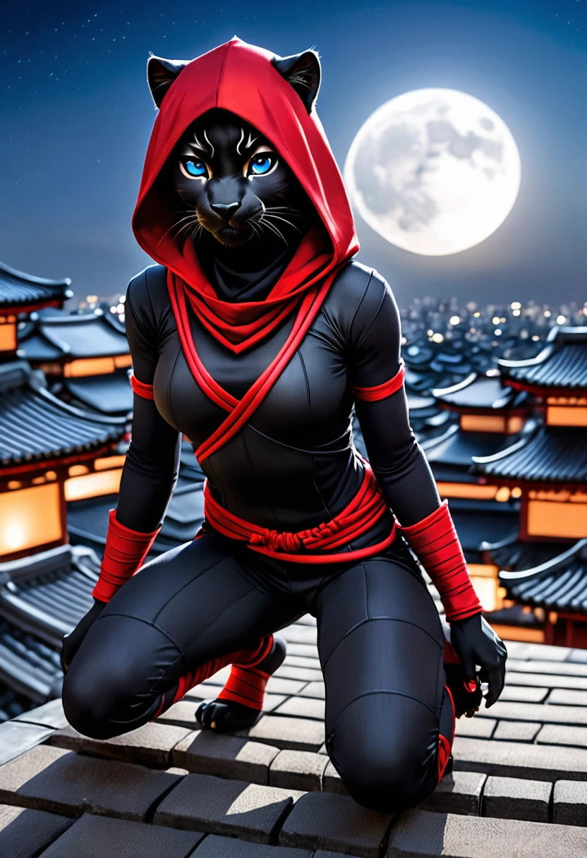 Anthropomorphic black panther dressed as a ninja, ((no face mask)) , (visible face)) small breasts, blue eyes, matte black hooded ninja costume,red dash, no highlights on ninja costume, sneaking on temple rooftops, crouched, in the moonlight, view from below looking up, photorealistic, high quality photography,