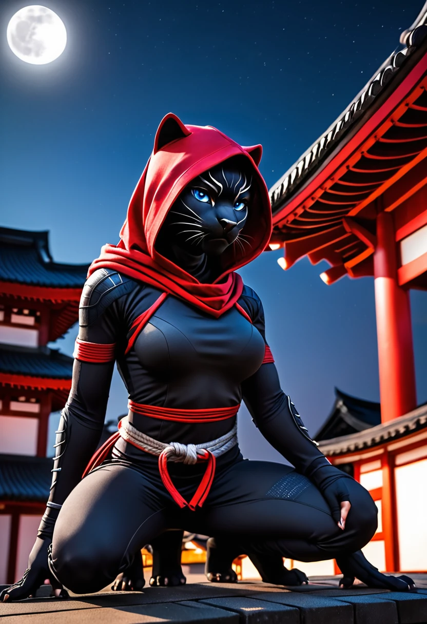 Anthropomorphic black panther dressed as a ninja, ((no face mask)) , (visible face)) small breasts, blue eyes, matte black hooded ninja costume,red dash, no highlights on ninja costume, sneaking on temple rooftops, crouched, in the moonlight, view from below looking up, photorealistic, high quality photography,